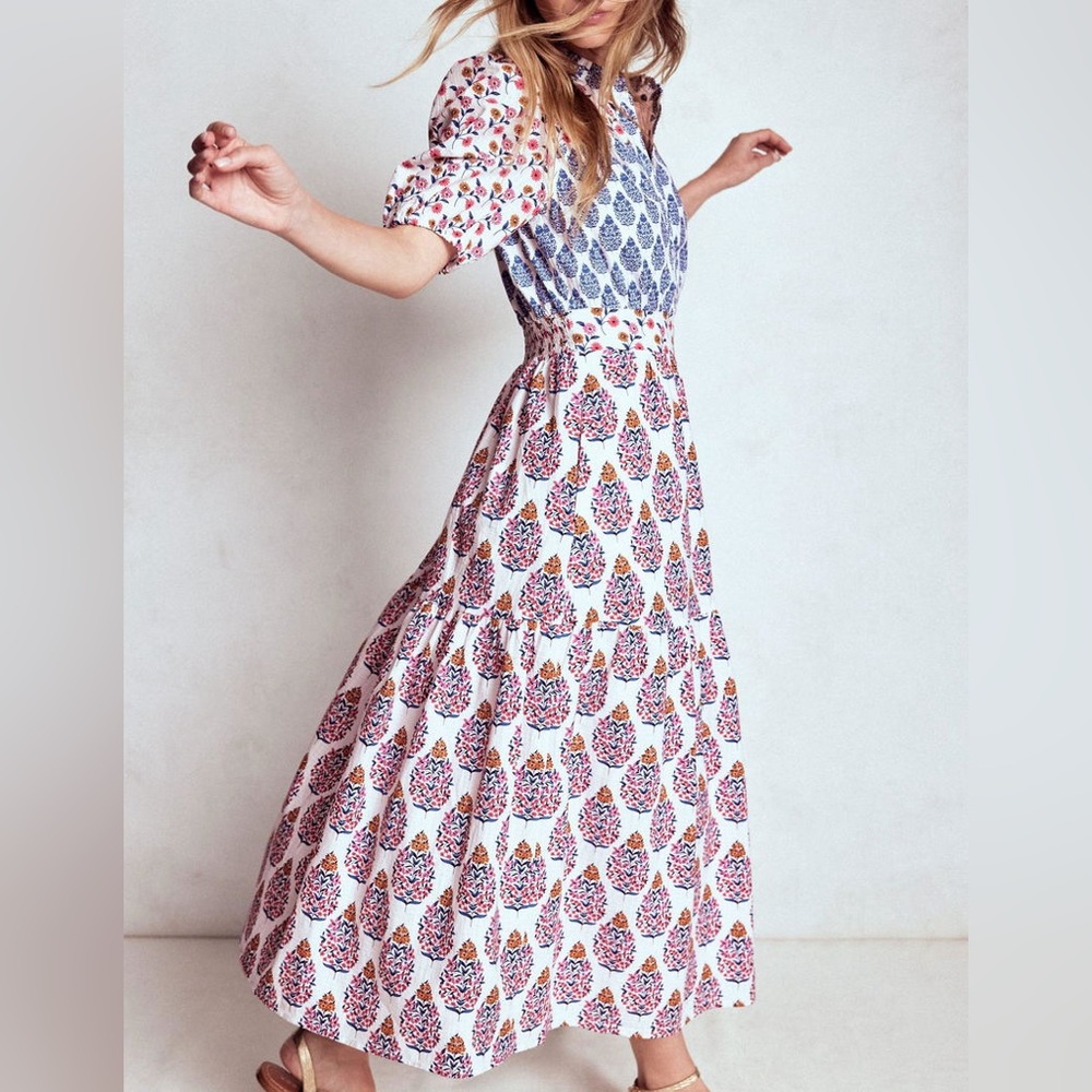 Floral Print Puff-Sleeve Maxi Dress in White and Pink - Picture 5 of 12